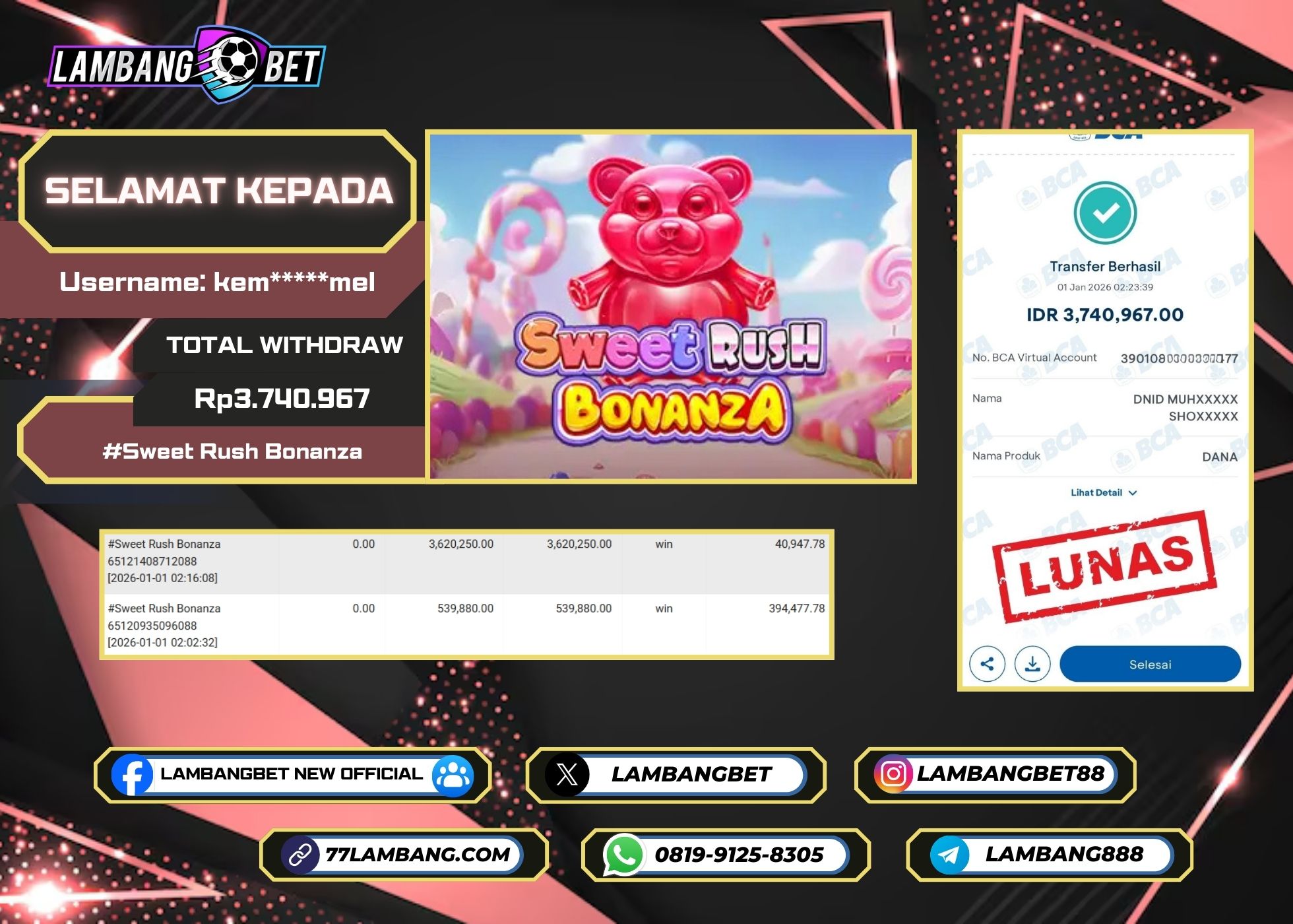 LAMBANGBET [1 JANUARI 2025] JACKPOT SLOT Sweet Rush Bonanza "Rp3.740.967" LUNAS